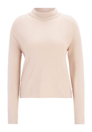 Vaaleanpunainen ribbivillapaita, jossa on mock neck -kaulus, diagonaaliset tekstuurikuviot ja pitkät hihat. Pehmeä kangas ja istuva malli.