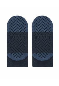 Marineblaue Socken mit einer strukturierten Grip-Sohle und einem kontrastierenden hellblauen Band. Mit dem Logo "ESPRIT" auf der Oberfläche geprägt.