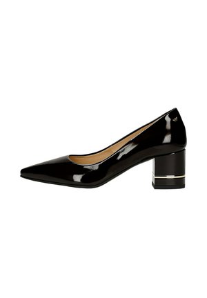 Black patent leather pump with a pointed toe and a block heel featuring metallic accents. Smooth texture with a glossy finish.