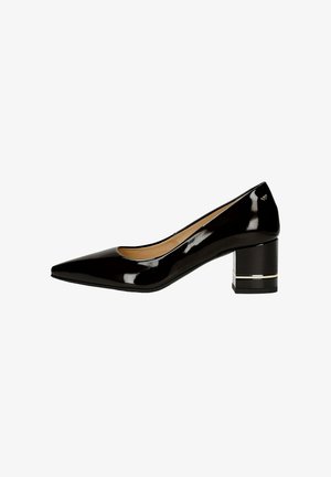 Black patent leather pump with a pointed toe and a block heel featuring metallic accents. Smooth texture with a glossy finish.