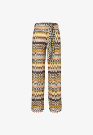 Pantalon taille haute avec un motif en zigzag multicolore jaune, marron, bleu et beige, doté d'une ceinture en tissu assorti nouée à la taille.