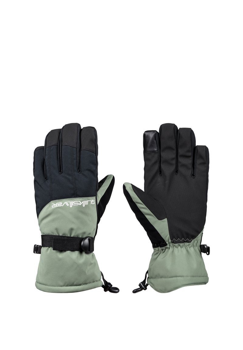 Varmma handskar med en svart och grön färgschema, med en strukturerad tygövre, justerbart handledsrem och elastiska manschetter för en säker passform.