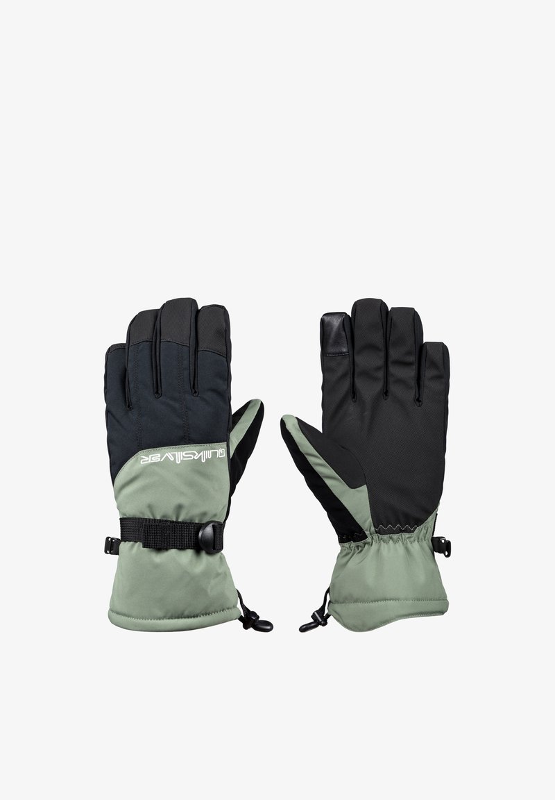 Varmma handskar med en svart och grön färgschema, med en strukturerad tygövre, justerbart handledsrem och elastiska manschetter för en säker passform.