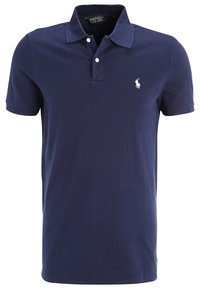 Navy blue short-sleeve polo shirt with two white buttons and small white polo player logo on the left chest.