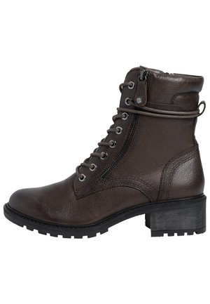 Brown leather ankle boot with a textured finish, lace-up front, side zipper, and a block heel. Rubber sole features traction pattern.