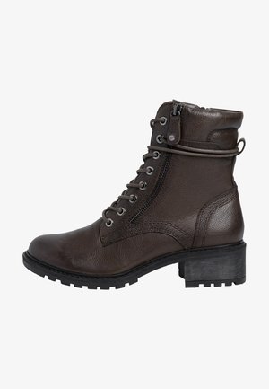 Brown leather ankle boot with a textured finish, lace-up front, side zipper, and a block heel. Rubber sole features traction pattern.