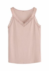 Top roz deschis din material ribbed, cu decolteu în V și detalii din dantelă delicată pe guler și pe bretele.