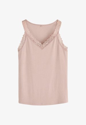 Jasnoróżowy top na ramiączkach wykonany z prążkowanej tkaniny, z dekoltem w kształcie litery V i delikatnym koronkowym wykończeniem na dekolcie oraz ramiączkach.