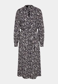 Langärmliges Midikleid mit abstraktem Blumenmuster in Schwarz, Weiß und Grau, Schlüsselloch-Ausschnitt und einem passenden Stoffgürtel in der Taille.