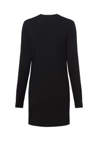 Robe pull noire à manches longues avec un col rond, texture douce et silhouette droite, featuring des poignets et un ourlet côtelés.