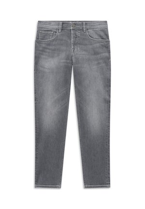 Grey denim jeans with front pockets, button and zipper closure, slightly faded fabric, laid flat on white background.