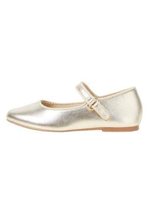 Zlatý metalický baletní střevíček s kulatou špičkou a ozdobným páskem. Hladká textura a plochá podrážka s mírným podpatkem.