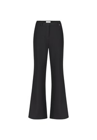 Zwarte flarebroek met een getailleerde pasvorm, voorzien van een soepele textuur, zijzakken en een subtiele decoratieve accent bij de taille.