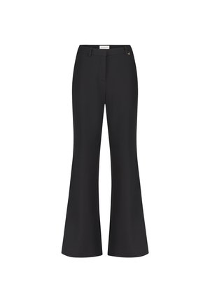 Zwarte flarebroek met een getailleerde pasvorm, voorzien van een soepele textuur, zijzakken en een subtiele decoratieve accent bij de taille.
