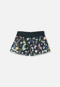 Blomstrete shorts med svart midje, med levende blomster på en mørk bakgrunn, laget av lett og pustende stoff.