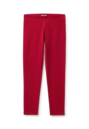 Rote Leggings in voller Länge mit schlanker Passform und kleinem Logo nahe dem unteren Saum an einem Bein.