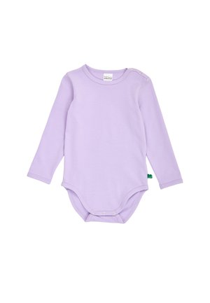 Lavendelfarbenes Baby-Body mit langen Ärmeln und Druckknöpfen an Schulter und Schritt, aus glattem Stoff.