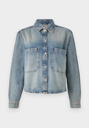 Light blue denim jacket with a pointed collar, button front, and two chest pockets. Features long sleeves and a slightly cropped design.