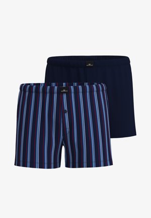 Zwei Herrenboxershorts, eine in einfarbigem Marineblau und die andere in Marineblau mit roten, weißen und blauen vertikalen Streifen, beide mit elastischem Bund.