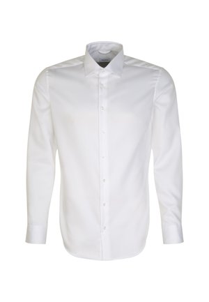 Witte longsleeve overhemd met knoopsluiting, gemaakt van soepel materiaal, met een klassieke kraag, rechte snit en een subtiele glans. Geen patronen of accenten.