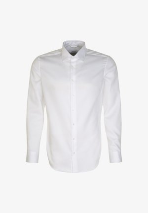 Weißes Langarmhemd mit Knopfleiste, aus glattem Stoff, mit klassischem Kragen, geradem Schnitt und leichtem Glanz. Ohne Muster oder Akzente.