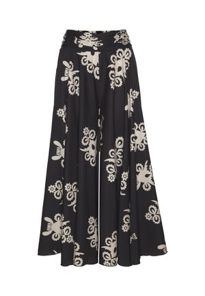 Zwarte wijde broek in een bloemenpatroon met crèmekleurige details. Voorzien van een gerimpelde tailleband en vloeiende stof voor optimale bewegingsvrijheid.