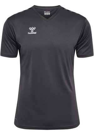Zwarte sportjersey met korte mouwen en V-hals, gemaakt van een gladde stof. Kenmerkt zich door een wit logo op de borst en contrasterende schouderaccenten.
