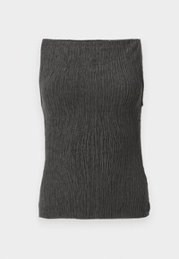 Mørkegrå, ribbet, ermeløs tube topp med en elastisk tekstur, vist flatt mot en hvit bakgrunn.