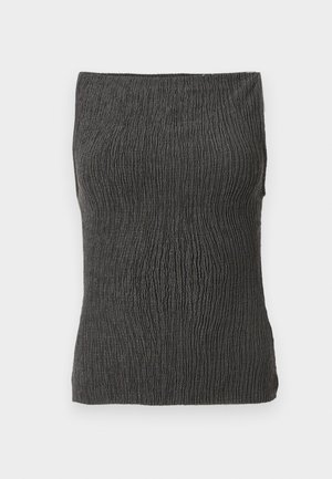 Donkergrijs, geribbeld, mouwloos buis-topje met een rekbare textuur, plat weergegeven tegen een witte achtergrond.