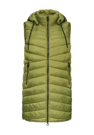 Mouwloze, hooded vest in olijfgroen, met een gequiltde structuur, zwarte rits en twee zijzakken met ritssluitingen.