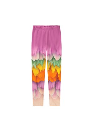 Spalvoti leggingai su gėlių gradientu. Minkšta medžiaga su rausvais, geltonais, oranžiniais ir žaliais atspalviais. Elastingas juosmuo.