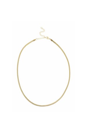 Gold-tone snake chain necklace with lobster clasp and adjustable extender chain on a white background.