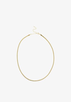 Gold-tone snake chain necklace with lobster clasp and adjustable extender chain on a white background.