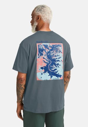 Maglietta grigia a maniche corte con grafica di una mappa montuosa in blu e rosa, con scritta "Free the wild" ed etichetta "Jack Wolfskin".