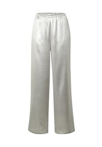 Zilveren, wijde broek met een gestructureerde glans. Voorzien van een elastische tailleband voor comfort. Gemaakt van een lichtgewicht, glad materiaal.