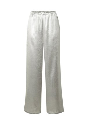 Zilveren, wijde broek met een gestructureerde glans. Voorzien van een elastische tailleband voor comfort. Gemaakt van een lichtgewicht, glad materiaal.