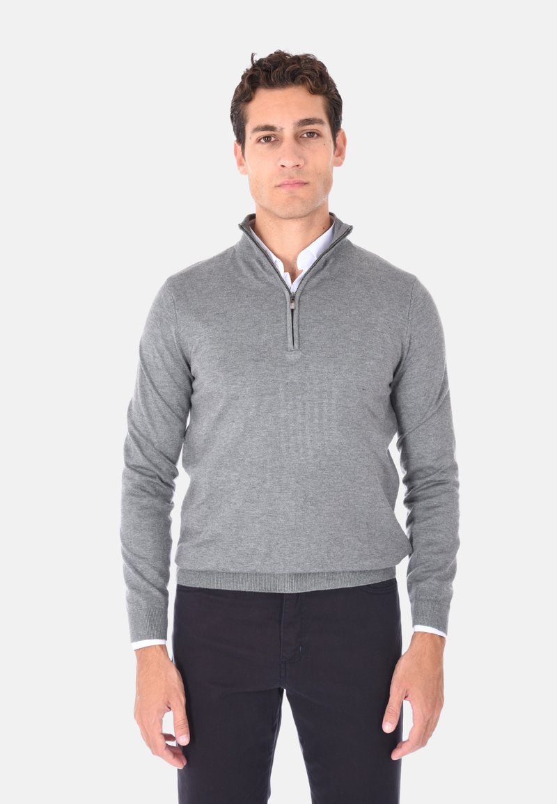 Felpa grigia con zip e colletto alto, polsini e orlo a costine. Indossata sopra una camicia bianca con colletto, caratterizzata da una consistenza liscia e morbida.