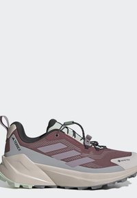 Trailrunning-Schuh in Braun und Grau mit schwarzen und weißen Schnürsenkeln, dicker beiger Sohle und den Markenlabels Terrex und Gore-Tex an der Seite.