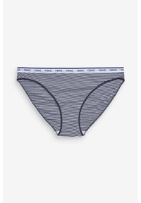 Niebieskie i białe paskowane bawełniane majtki bikini z jednolitym, granatowym wykończeniem i logo w pasie, z elastycznym pasem dla wygody.