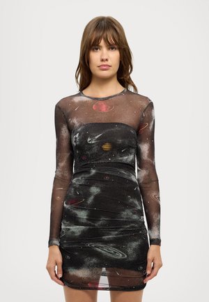 Black mesh dress with a fitted silhouette, long sleeves, and colorful celestial print featuring planets and asteroids. Soft, sheer texture.