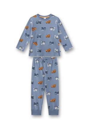 Pigiama blu a maniche lunghe con pantaloni abbinati con motivi di veicoli da costruzione arancioni, bianchi e blu navy.