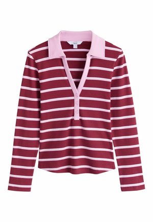 Hosszú ujjú, bordó színű galléros póló fehér vízszintes csíkokkal, rózsaszín gallérral és négygombos gombolattal. Puha, bordázott anyagtextúra.