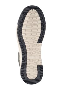 Suela de zapato que muestra un diseño texturizado y con patrón; goma negra con una media suela beige y acentos laterales grises. Nombre de la marca "SKECHERS" visible.