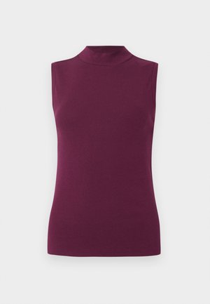 Top senza maniche di un viola prugna con collo alto e silhouette aderente su uno sfondo bianco semplice.