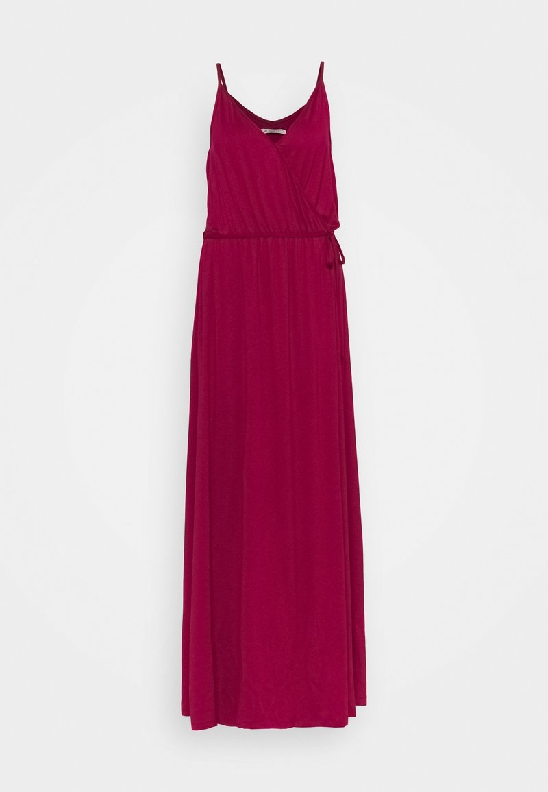 Longue robe sans manches rose foncé avec fines bretelles, corsage à encolure en V style cache-cœur, et lien latéral réglable à la taille.