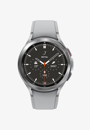 Gray smartwatch with a stainless steel bezel. Features a black dial, white hour markers, and orange hands. Includes digital readouts and date display.