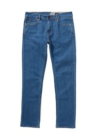 Jeans de mezclilla azul con corte recto, que cuentan con bolsillos frontales, costuras en contraste y un cierre de botón en la cintura.