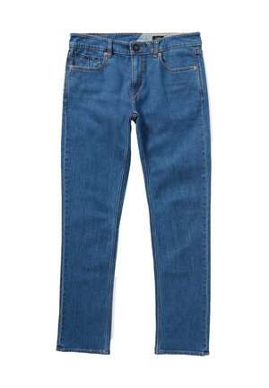 Jean en denim bleu avec une coupe droite, comportant des poches avant, des coutures contrastées et une fermeture boutonnée à la taille.