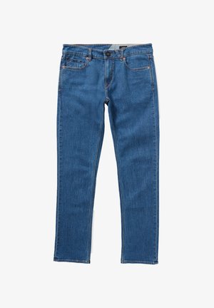 Blauwe denim jeans met een rechtmatig patroon, voorzien van voorkruikezakken, contrasterende stiksels en een knoopsluiting bij de taille.
