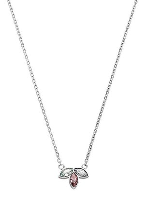 Collier chaîne en argent avec trois pierres précieuses taille marquise, vertes, roses et limpides, disposées comme trois feuilles.